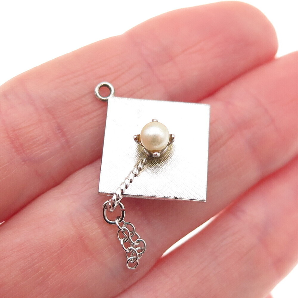 Wells 925 Sterling Silver Vintage Faux Pearl Graduation Hat 3D Mini Pendant